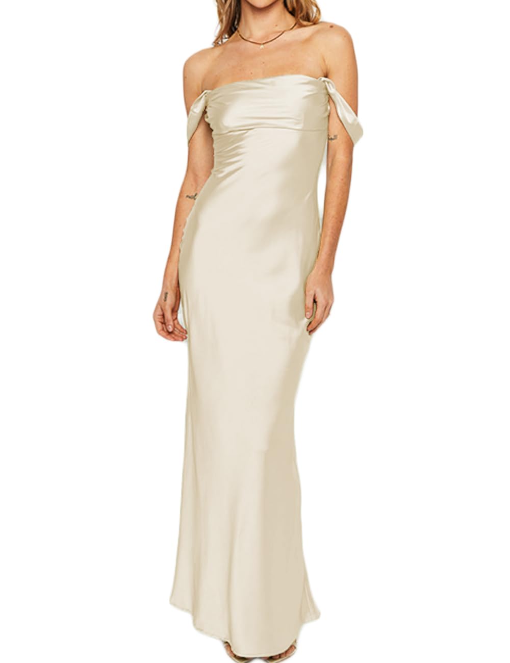 Realtix Elegant Satin Off The Shoulder Ruched Backless Maxi Dress for Women Strapless Tube Sleeveless Bridesmaid Dresses