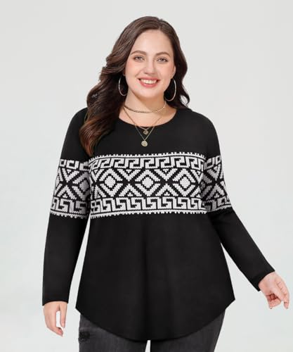 Image of CARCOS Plus Size Tops for Women Color Block Flower /Striped /Camo Crew Neck Long Sleeve Tee Shirt