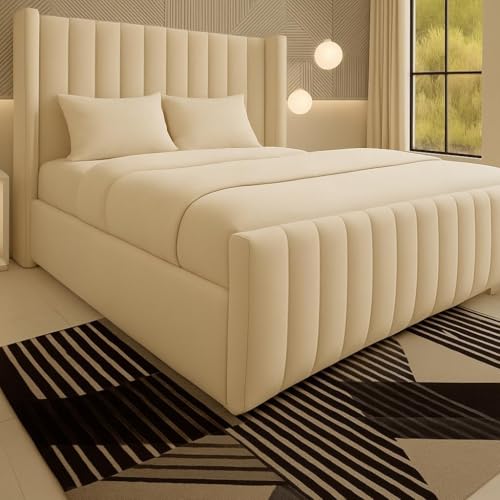 Image of Home Interior Chesterfield Plush Velvet Winged Panel Bed - UK Made - Mattress/Gas Lift Options (Cream Plush, Double (4ft6) Bed Frame)