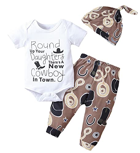 Image of SAYOO Western Newborn Baby Boys Cowboy Outfits Cow Print Letter Bodysuit+Long Leggings+Cap 3pcs Infant Boy Country Clothes (Brown, 0-6 Months)