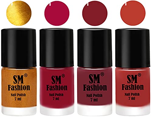 Image of Nail Polish Combo Set (Pack of 4) Quick Dry Gel Finish Nail Paint | Golden,Raspberry,Lip,Dark Peach | 7 ml Each