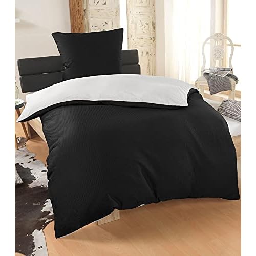 MALIKA® Bettwäsche Seersucker 135x200 mit 80x80 Kissenbezug | ÖkoTex Standard 100 | Fein Seersucker Bettwäsche aus Mikrofaser | Sommerbettwäsche (Schwarz-Weiss, 135x200 + 80x80)