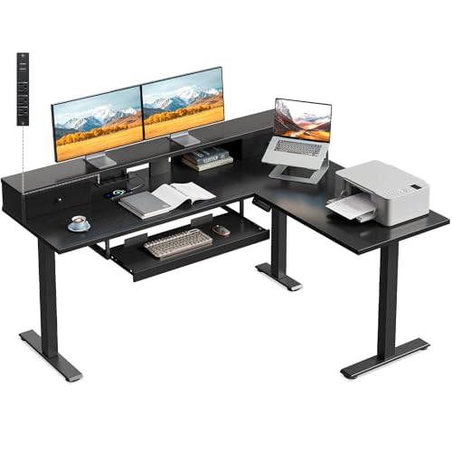 Image of Casaottima 59 Inch Electric L-Shaped Standing Desk with Drawers, Height Adjustable Stand Up Corner Desk with Monitor Stand & Keyboard Tray, Lift Table for Home Office, Workstation, Black