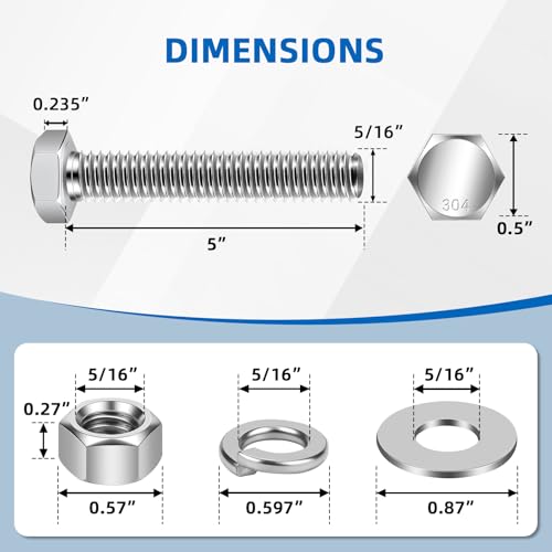 Image of Mellewell 5 /16-18 x 5 inch Hex Head Bolts with Hex Nuts and Thick Flat & Lock Washers, Fully Threaded, Stainless Steel 18-8, Plain Finish, 6 Sets