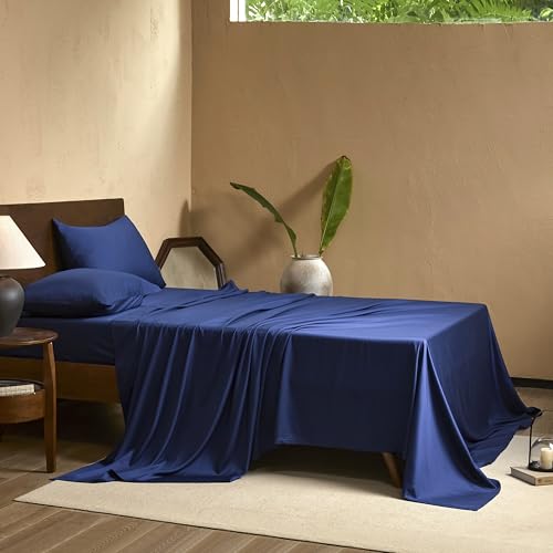 Image of EVERLY Queen Sheets Set,Luxuriously 400 Thread Count Organic Viscose Derived from Bamboo Bed Sheet,Cooling Sheets for Queen Size 4 Piece Deep Pockets Bedding Sheets &Pillowcases-Navy Blue