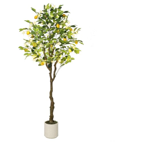 GarveeHome 5 FT Artificial Lemon Tree Indoor, Pre Potted Faux Lemon Tree with Realistic Fruit and Lifelike Leaves, Fake Lemom Plant with 50 Lights for Indoor Home Decor Office Living Room