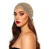 Munyee Hua Rhinestone Head Scarf for Women Gold Headpiece Bling Sparkly Hijab Stretchy Rave Hat Turban Handmade Headband Crystal Mesh Cap Hair Snood Nets Vintage Concert Dress (Gold)