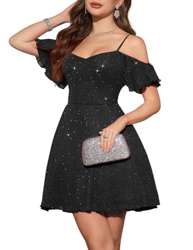 Meetjen Sommerkleid Teenager Abschlussballkleid Kurz Damen A-Linie Cocktailkleid Abendkleid Glitzer Elegantes Festliches Kleider Schwarz S