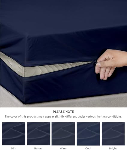Image of Zippered Chain 75 inchx66 inchx8 inch Terry Cotton Waterproof Mattress Protector | Dust Mite Proof, Bed Bug Protection Mattress Cover for Queen Bed Size with 8 inch Drop Thick (75x66x8 inch,Navy Blue)