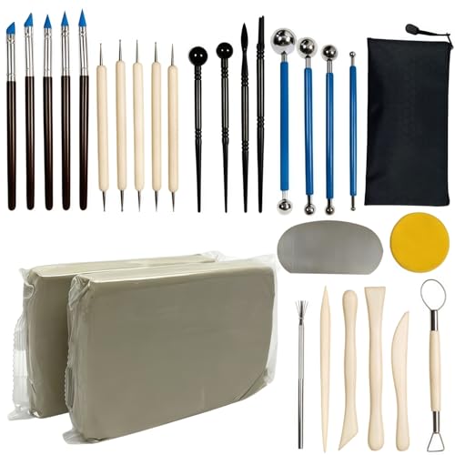 DaChihSheng 2.2LBs White Pottery Clay with 27 Pcs Clay Sculpting Tools,Natural Air Dry Clay Kit for Adults, Modeling Clay for Pottery, Ceramic Graving Pottery Wheel use for DIY Handicraft (White)