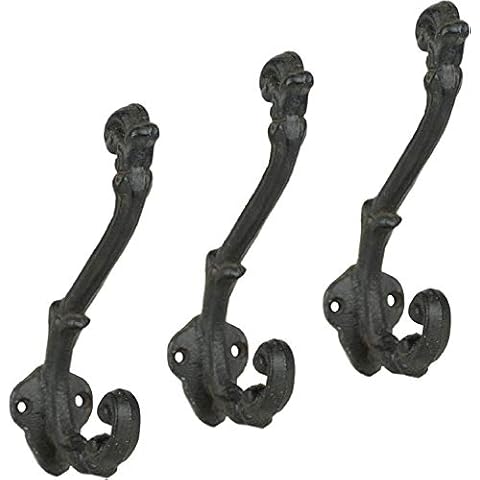 The Metal Magician Wall Mounted Antique Cast Iron Vintage Style Wall Hooks for Coats, Bags, Towels, Hats - (Set of 3) Black Cover