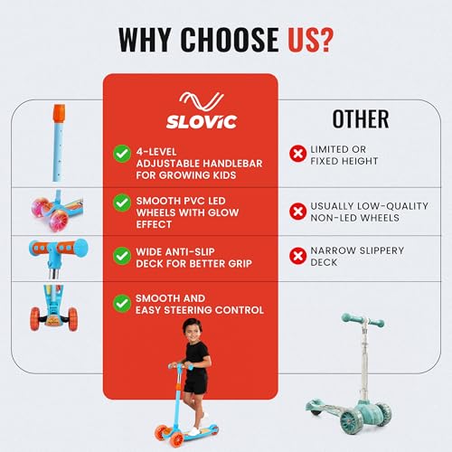 Image of Slovic Kick Scooter for Kids 3+ Years with Adjustable Handle Height | 3 Wheels Kids Scooter Toys with LED Wheels | Foldable Kick Cycle | Birthday Gift for Kids | 50 KG Weight Capacity | BIS Approved