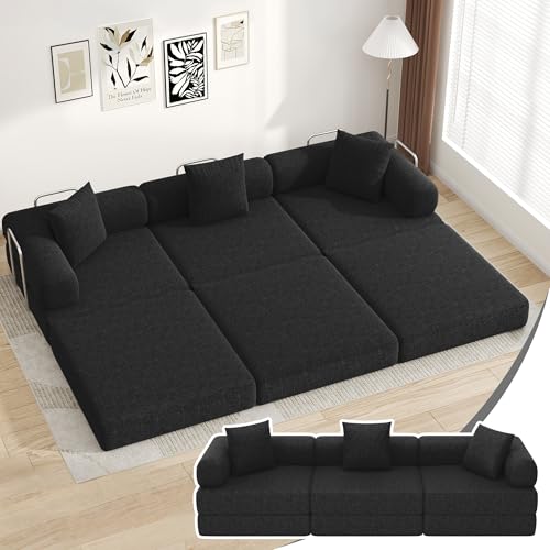 DURASPACE Folding Sleeper Sofa Bed Convertible Foam Floor Mattress Couch, 3-Seater Boneless Foldable Sectional Couch Bed for Living Room Bedroom (Chenille Black)
