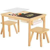 Bateso Sensory Table for Toddlers with 2 Chairs & Roll Paper, Wooden Kid Table Chair Set with Double-Sided Boards and 2 Storage Bins, Activity for Sand and Water Play, Indoor & Outdoor Use