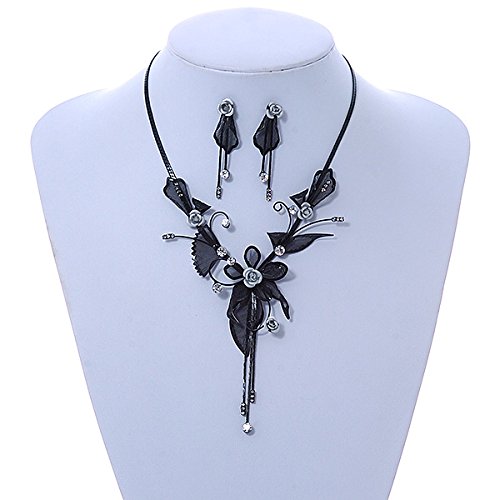 Juego de collar en Y y pendientes Avalaya de metal negro y gotas plateadas de 38 cm 2