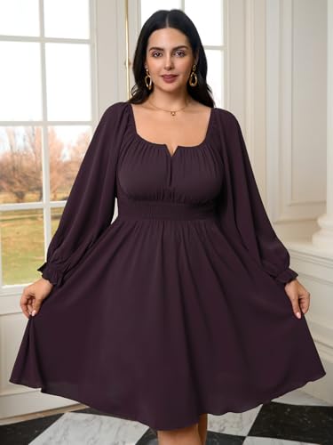 Womens Plus Size Cocktail Dress Fall Off Shoulder Long Sleeve Square Neck Smocked Waist Flowy A Line Short Dress2