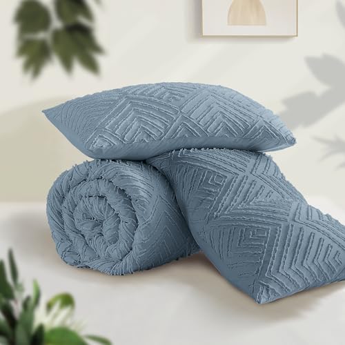 Image of Andency Blue Comforter Set Full Size, 3 Pieces Boho Lightweight Fluffy Bedding Comforter Set for Full Bed, Tufted Farmhouse Design Bed Set for All Season (1 Comforter 79x90In, 2 Pillowcases)