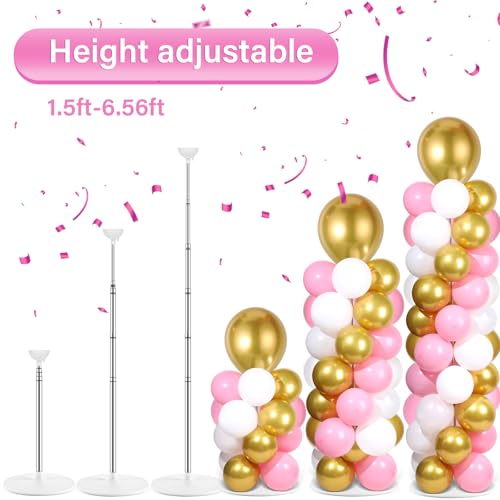 Image of 2 Sets Pink White Gold Balloon Column Stand Kit with 100 Balloons Adjustable Balloon Tower Stand with Bases for Floor Column Kit for Wedding Graduation Birthday Appreciation Party Decor