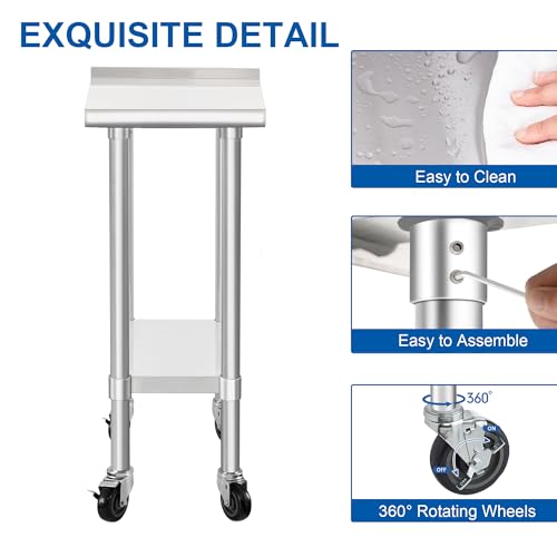Image of HARDURA Stainless Steel Commercial Work Table with Wheels Prep & Work Metal Table 24x12 Inches Heavy Duty NSF with Casters and 2 inch Backsplash