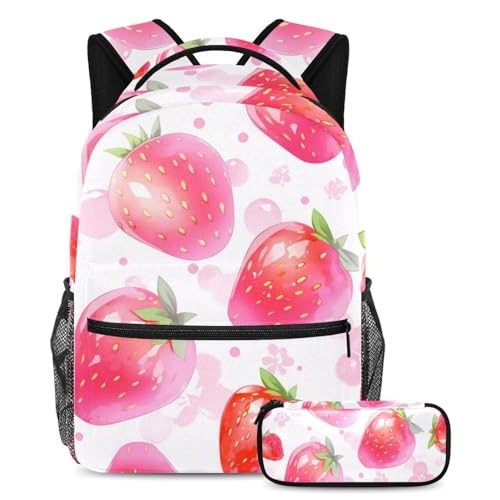 Sac à dos grande capacité et trousse scolaire ergonomique motif fruits roses multicolore enfant