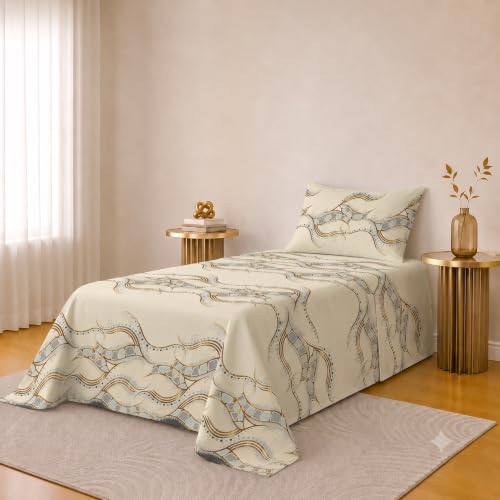 Image of IVAZA 220 TC Soft Ezyption Cotton Floral Single Bed Sheet - Single bedsheet with 1 Pillow Cover Hypoallergenic, Brethable, (Size- 90 x 60 Inch Beige Black