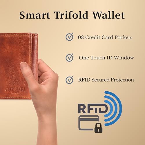 Image of Genuine Italian Leather Trifold Wallet for Men, RFID Blocking, 8 Card Slots, 2 Cash Compartments, Minimalist Billfold with Multiple Card Slots and Cash Storage, ID Window, Vintage Tan Leather