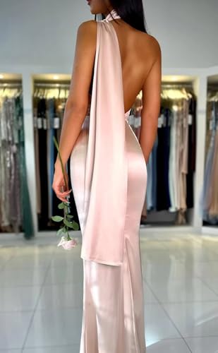 Sukleet Women's Satin One Shoulder Bridesmaid Dresses Long with Slit Shawl Ruched Mermaid Formal Prom Dress2