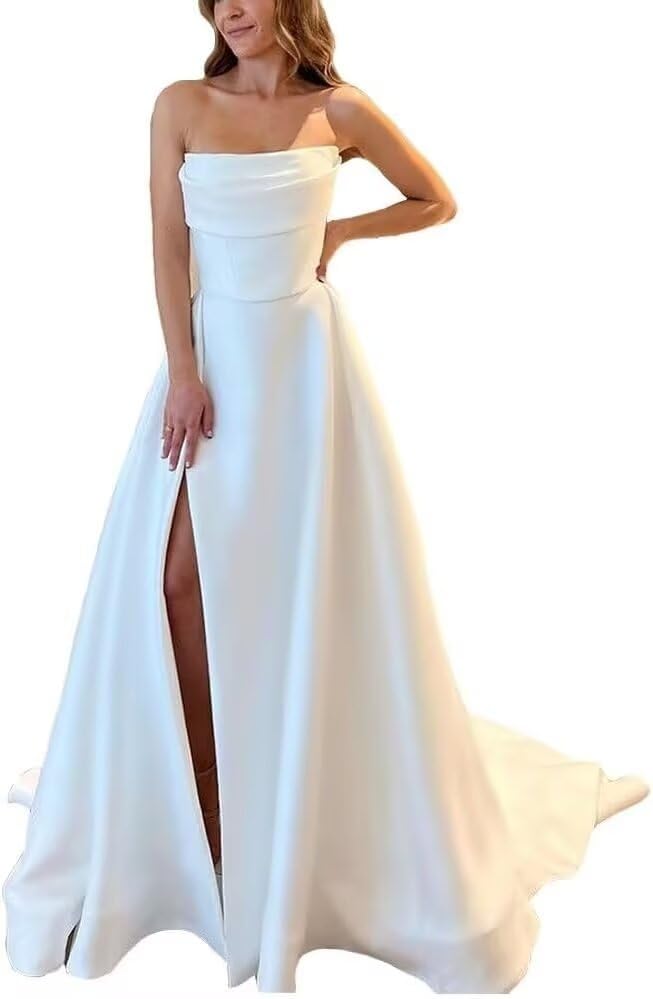 Women's Strapless Satin Wedding Dresses for Bride Long A Line Bridal Dress Simple Beach Dresses with Side Split