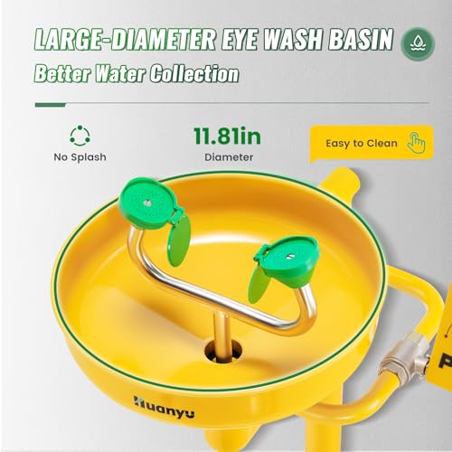 Image of Huanyu Stand Up Eye Wash Station Floor Mounted Eyewash Station Adjustable Water Flow Emergency Eye Washing Station Stainless Steel with Eye Wash Sign Factory (1207-1 Yellow)