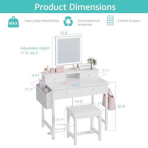 Image of White Makeup Vanity Desk with Mirror and Lights, Small Girls Vanity Set with Chair, Make Up Dresser Table with Drawers and Power Outlet for Bedroom Small Space