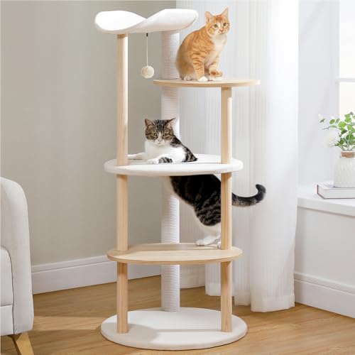 Image of 49 inch Wood Cat Tree Tower for Indoor Cats, 5-Level Modern Cat Tower with Curved Top Perch, Fully Cotton Scratching Posts & Natural Wood Posts, Cat Furniture with Interactive Dangling Ball, Beige