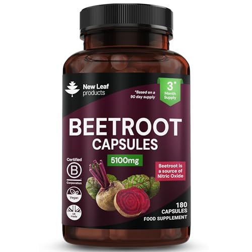 Beetroot Capsules 5100mg - High Strength Beetroot Supplement 180 Vegan Capsules - Nitric Oxide - Enriched with Black Pepper Made in The UK By New Leaf