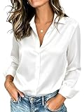 Syewan Camisas de Manga Larga con Botones de Seda Satinada elástica Suave y Transpirable para Mujer, Blusas de Vestir de Trabajo, Blanco, Large