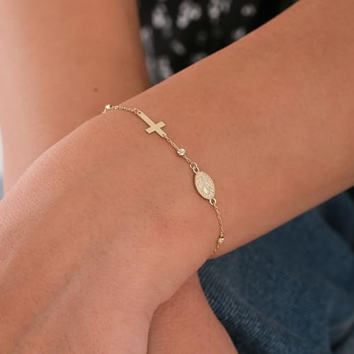 Image of MIONZA Catholic Medal Cross Bracelet for Women | 14K Gold Plated or Solid Gold, Religious Rosary Jewelry, Choose Your Saint Medal Bracelet