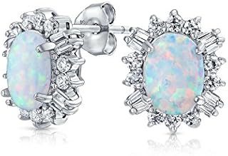 Vintage Style Oval White Created Opal Crown Halo CZ Stud Earrings For Women .925 Sterling Silver October Birthstone