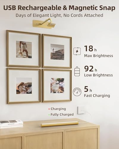 Image of EZVALO 16 inch Picture Lights for Wall, Rechargeable 6000mAh Painting Lights with Remote, Wireless Dimmable 3 Color Temperatures Art Lights for Gallery, Living Room, Hallway (Gold, 3 Pack)