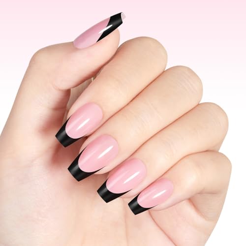 CHRISTINE SHELLY French Gel Nail Tips 240Pcs French Tip Press on Nails Pink Medium Coffin 4 in 1 Pre-applied Tip Primer & Base Coat No Need to File Fake Nails for Salon & DIY 15 Sizes Black - Image 3