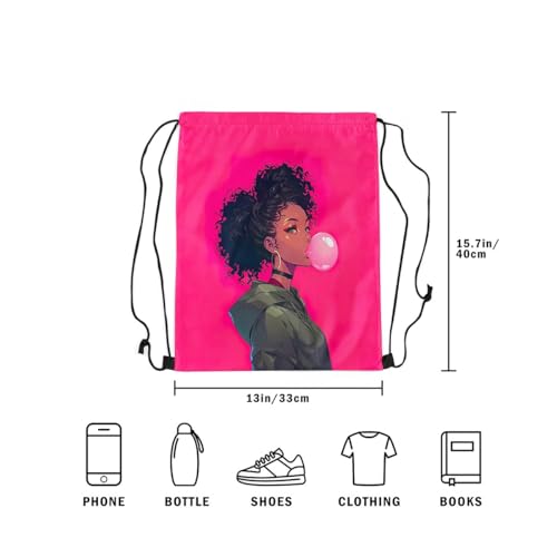 Image of jejeloiu Cool Black Drawstring Backpack 13x15.7inch African American Waterproof Gym Drawstring Bags Pink Sports String Backpack Beach Swim Travel Bag Sackpack(No Glitter)