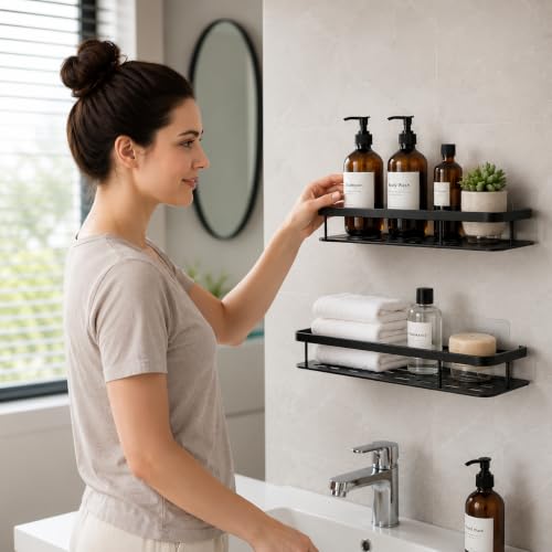 Image of JD FRESH 2 Pcs Self Adhesive Bathroom Shelf for Wall, Aluminium Holder Stand, Wall Mounted Bathroom Shelves Rack for Bathroom Accessories Organiser, with Drill and Without Drill - Black
