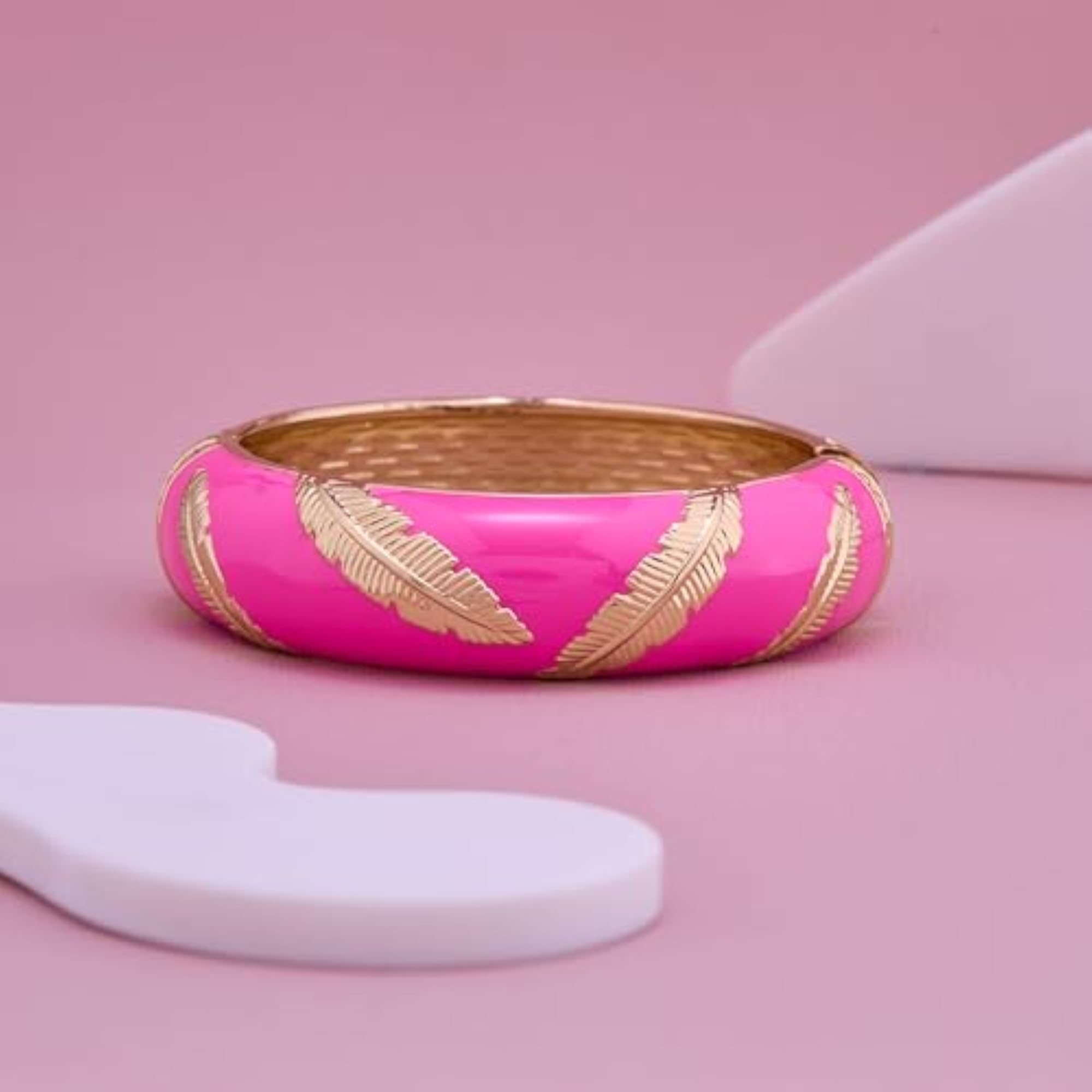 Women's Enamel Golden Bracelet with Engraved Feather Motifs