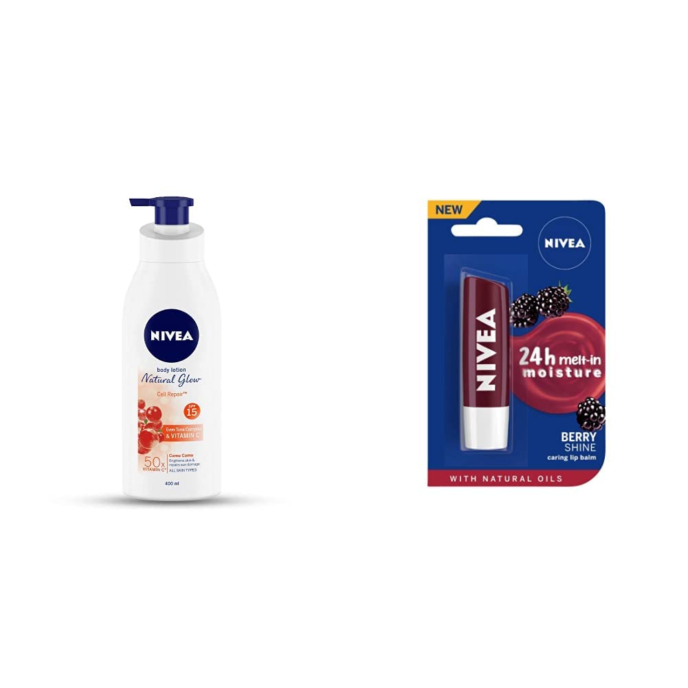 Nivea Body Lotion, Extra Whitening Cell Repair SPF 15, For All Skin Types, 400ml & Lip Balm, Fruity Blackberry Shine, 4.8g