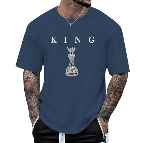 [Wnicek] Men's King Chess Shirt Graphic Tees Designer Printed T Shirts for Men Urban Letter T-Shirt Streetwear (L,blue)