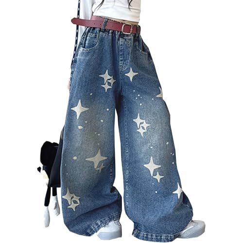 Viatabuna Baggy Jeans for Girls Elastic Waisted Y2k Star Wide Leg Denim Pants Kids Cute Pull On Jeans with Pockets 5-4 Years - Main Image