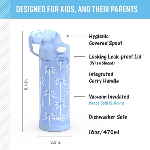 Image of THERMOS FUNTAINER 16 Ounce Stainless Steel Vacuum Insulated Bottle with Wide Spout Lid, Blue Bows