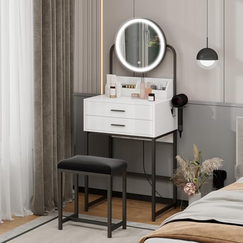 YU YUSING Coiffeuse avec Miroir LED et Tabouret, Petite Table de Maquillage avec 2 Tiroirs et 2 Étagères, Table Coiffeuse Cosmétique avec Rangement, pour Chambre à Coucher, Moderne, Noir et Blanc
