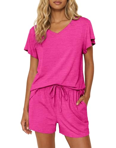 Ekouaer Pajamas Set Women Casual Ruffle Sleeves Soft Comfy Loungewear Set with Pockets,X-Large,Rose Red