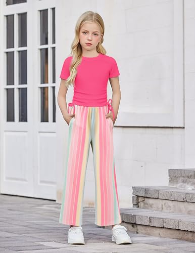 Image of Arshiner Girls 2 Piece Outfit Ruched Drawstring Tops and Wide Leg Pants Set