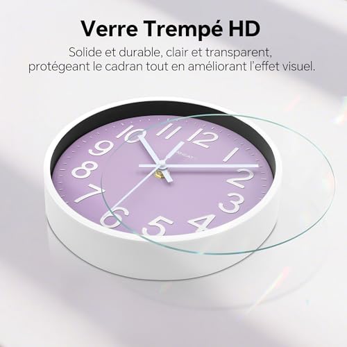 TAHEAT Horloge Murale Violette, 20 cm Petite Horloge Moderne silencieuse à Piles, décorative pour Cuisine, Salon, Chambre à Coucher, Salle de Bain, Bureau – vue 7