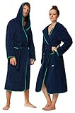 Sowel® Bademantel Damen und Herren, 100% Bio-Baumwolle, Extra Lang mit Kapuze, Morgenmantel, Flauschig, Frottee, M, Navy/Grün