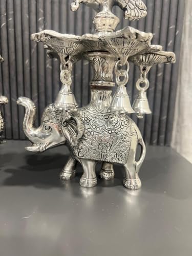 Image of German Silver Peacock Samai Pair Diya Stand with Elephant Base & Plate - Decorative Oil Lamp Set for Home, Temple & Festive Decor, Pack of 2, 20 x 6.5 Inch Silver Finish (12 x 7 Inch)